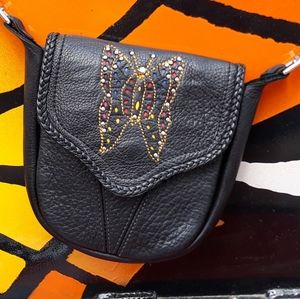 Butterfly Embellished Black Leather Crossbody Bag